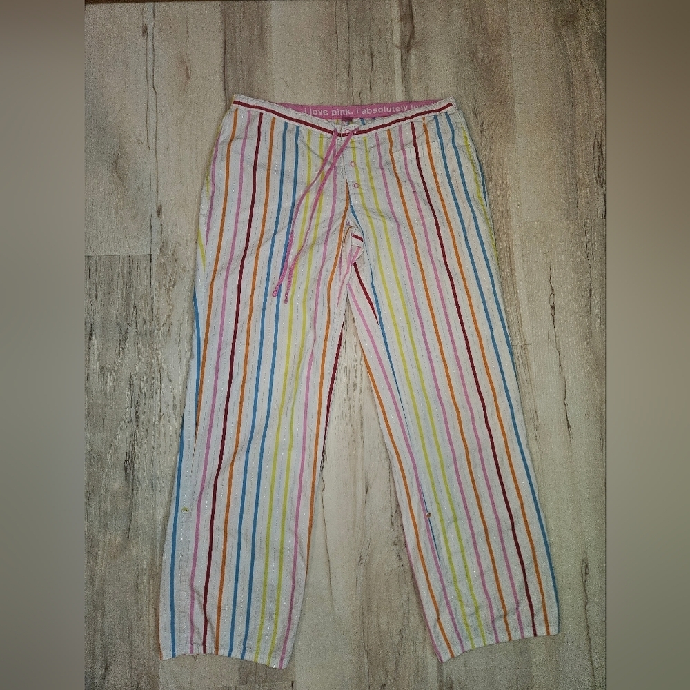 VTG Victoria's Secret PINK Rainbow Stripe Convertible Pj Pants Y2K Love Pink SM